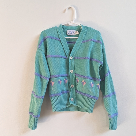 Vtg 90s Kitestrings Sweater Cardigan Sz 5-6 Teal Kite - Picture 1 of 4